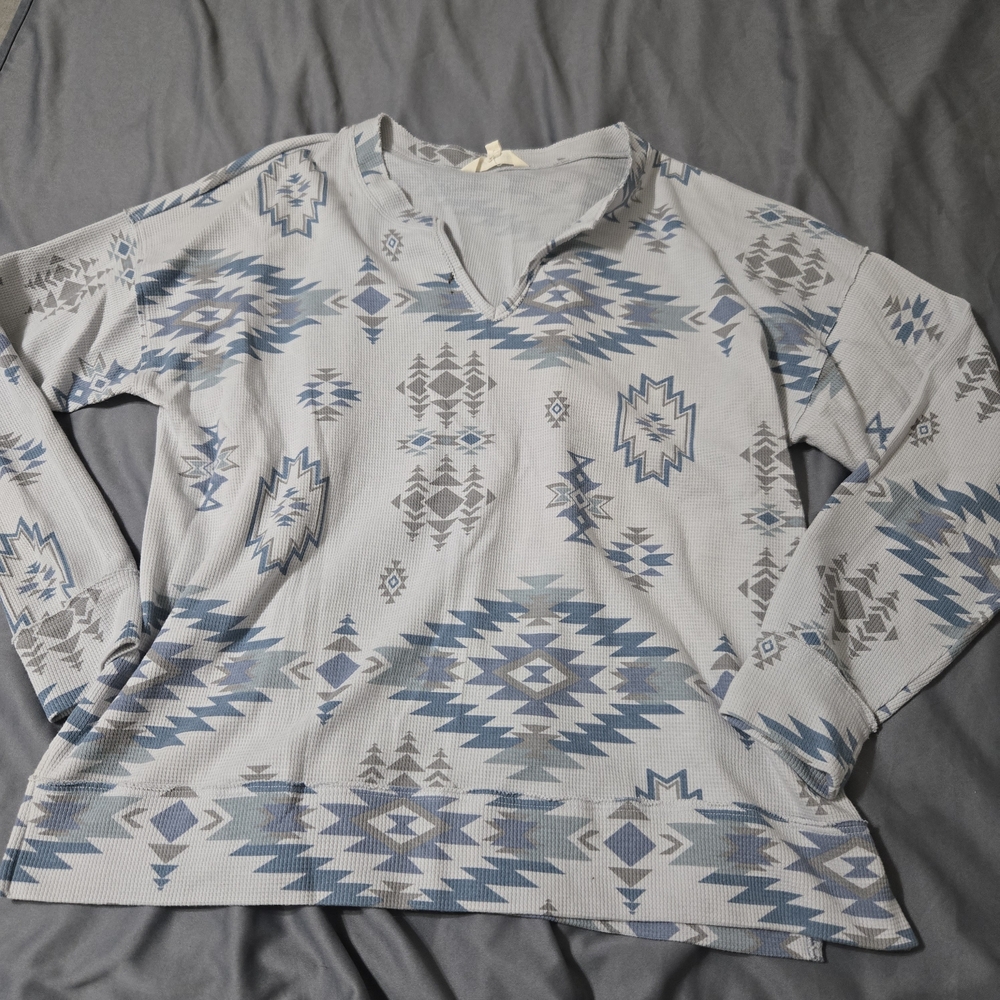 Lucky Brand Womens Long-Sleeve Thermal Shirt Medium Waffle Knit Aztec Western